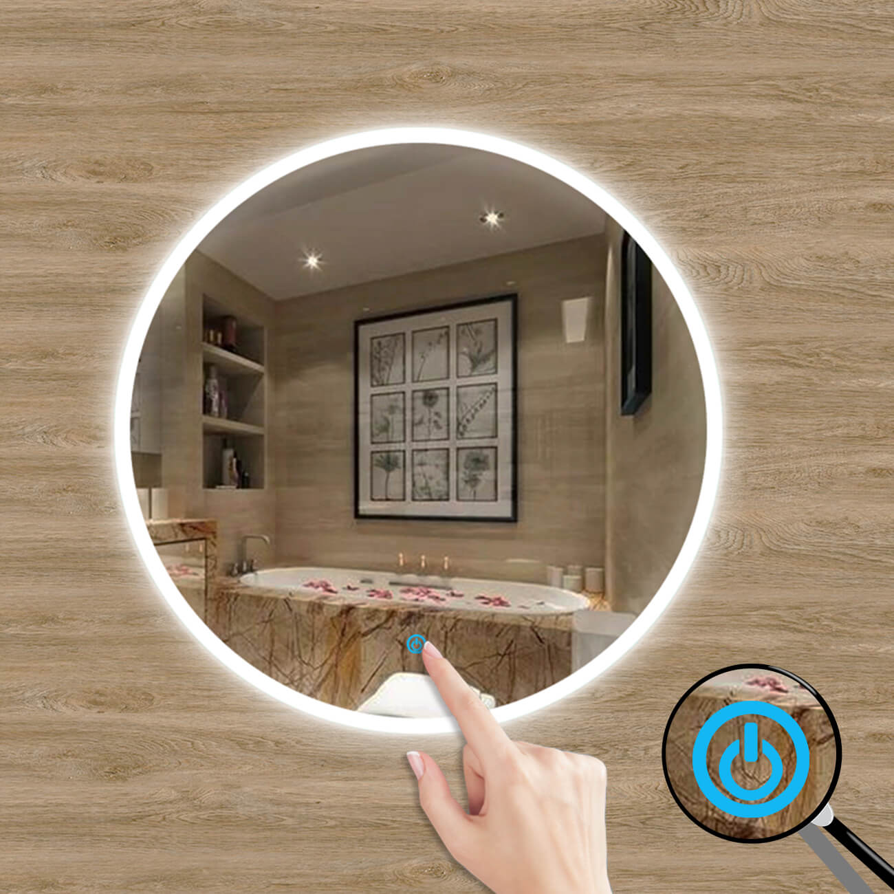 Bathroom Round Large Led Mirrors+Demister Pad+Heated+Vertical+6000k Led
